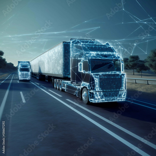 Advanced transportation technology - cool blue, grey - digital logistics, AI, network, truck, data info-graphics