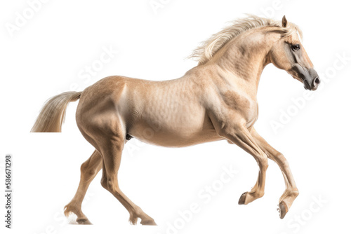 an isolated palomino horse running, jumping, side view portrait, equestrian-themed photorealistic illustration on a transparent background cutout in PNG, Generative AI