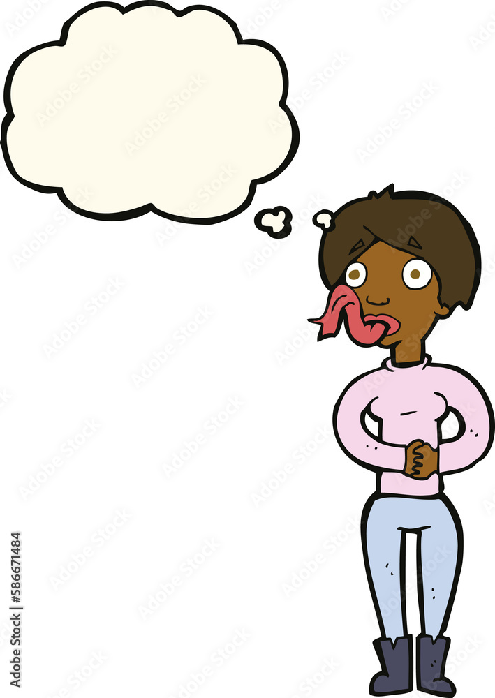cartoon woman with snake tongue with thought bubble cartoon woman with snake tongue with thought bubble