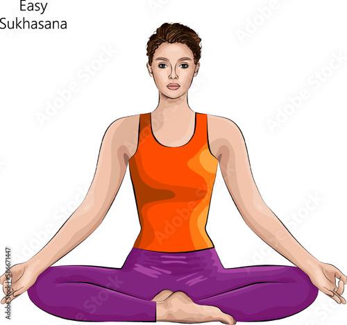 Young woman practicing yoga exercise, doing Easy pose. Sukhasana. Seated and Neutral. Beginner. Vector illustration isolated on white background.