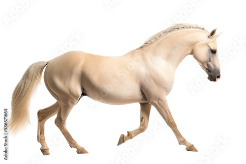 an isolated palomino horse running  jumping  side view portrait  equestrian-themed photorealistic illustration on a transparent background cutout in PNG  Generative AI