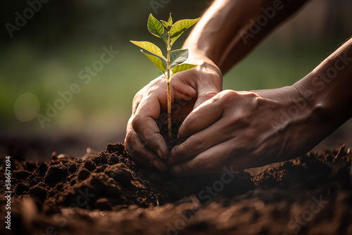 Hands planting seedling in a soil, generative AI