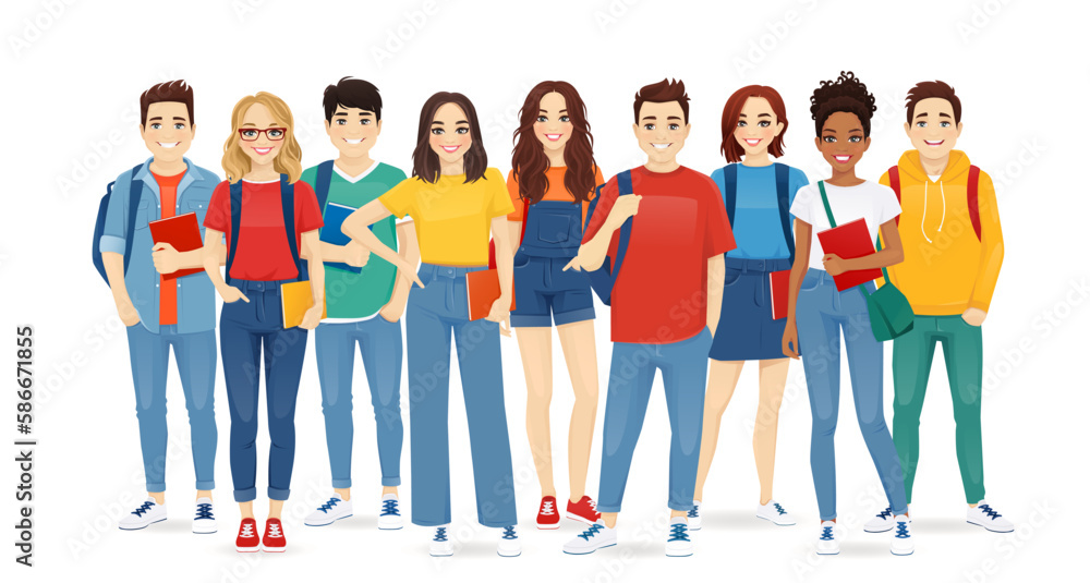 Obraz premium Group of young people in casual clothes with backpacks and books. Smiling students standing together isolated vector illustration