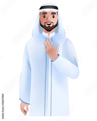 3D Arab man avatar, emirate male cartoon character portrait, vector muslim office businessman, beard. Dubai smiling young teacher, cheerful user person figure in white. Arab avatar happy islam worker