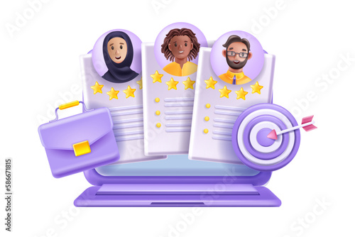 3D CV icon, job recruit headhunter concept, vector human recourses company staff rating face avatar. Arab woman smiling male cartoon character, diverse team resume talent profile. 3D CV clipart laptop