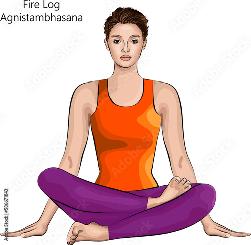 Young woman practicing yoga exercise, doing Fire Log pose or Double Pigeon pose or Square pose. Agnistambhasana. Seated and Neutral. Beginner. Vector illustration isolated on white background.