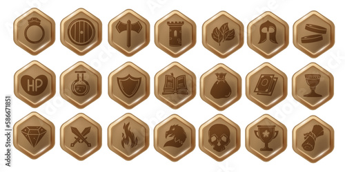 RPG game icon set, hexagon UI badge kit, mobile app button collection, vector health heal sign. Dungeon dragon entertainment concept, skill award, knight sword, magician potion. RPG icon pictogram