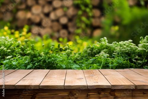 Wooden table for product display with seasonal herbs, generative AI © aamulya