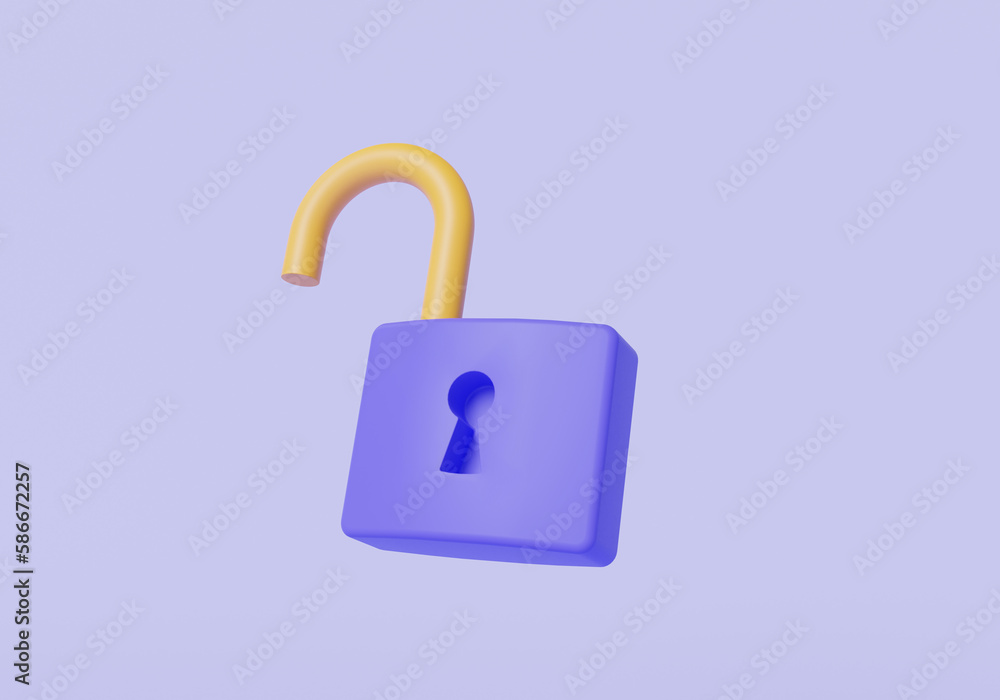 Unlocked padlock icon on pastel purple background. Safety, protection, Cyber unlock, encryption, open door purple lock, Private access. security concept. 3d render illustration. Cartoon minimal style Unlocked padlock icon on pastel purple background. Safety, protection, Cyber unlock, encryption, open door purple lock, Private access. security concept. 3d render illustration. Cartoon minimal style