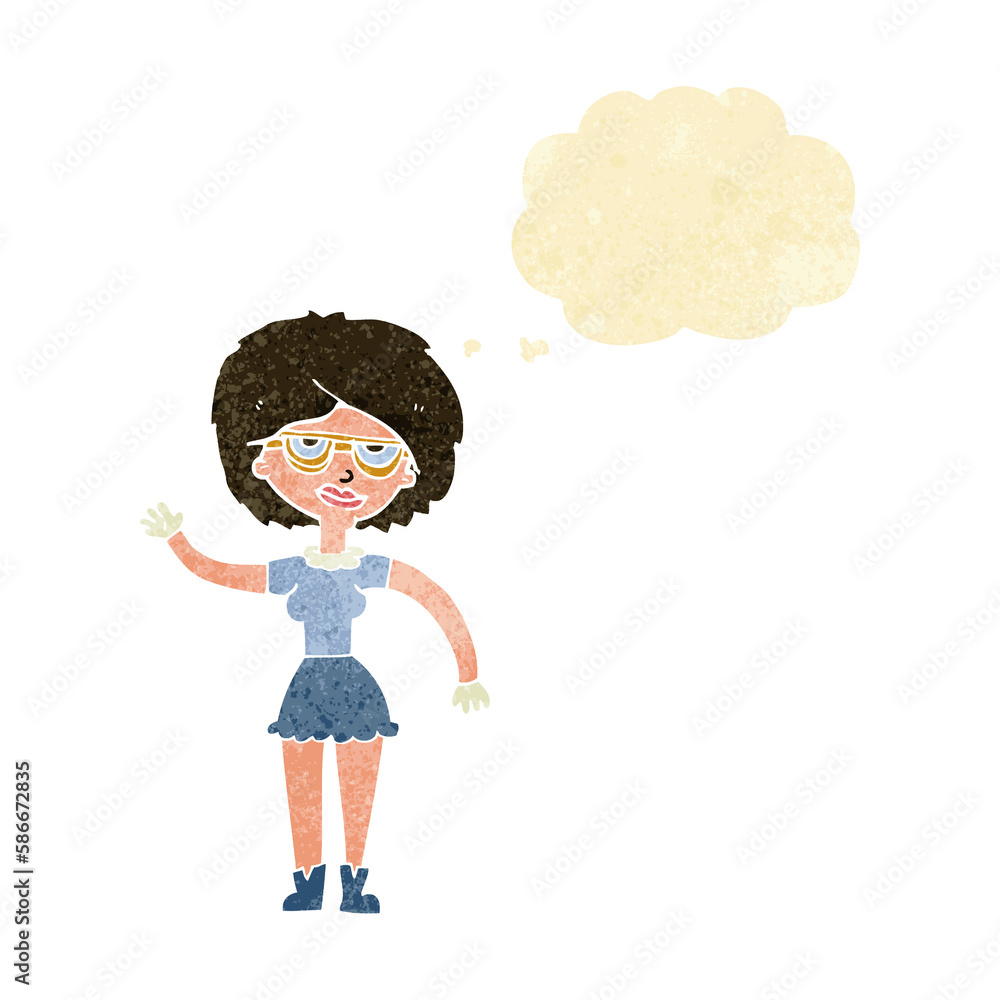 cartoon waving woman wearing spectacles with thought bubble cartoon waving woman wearing spectacles with thought bubble