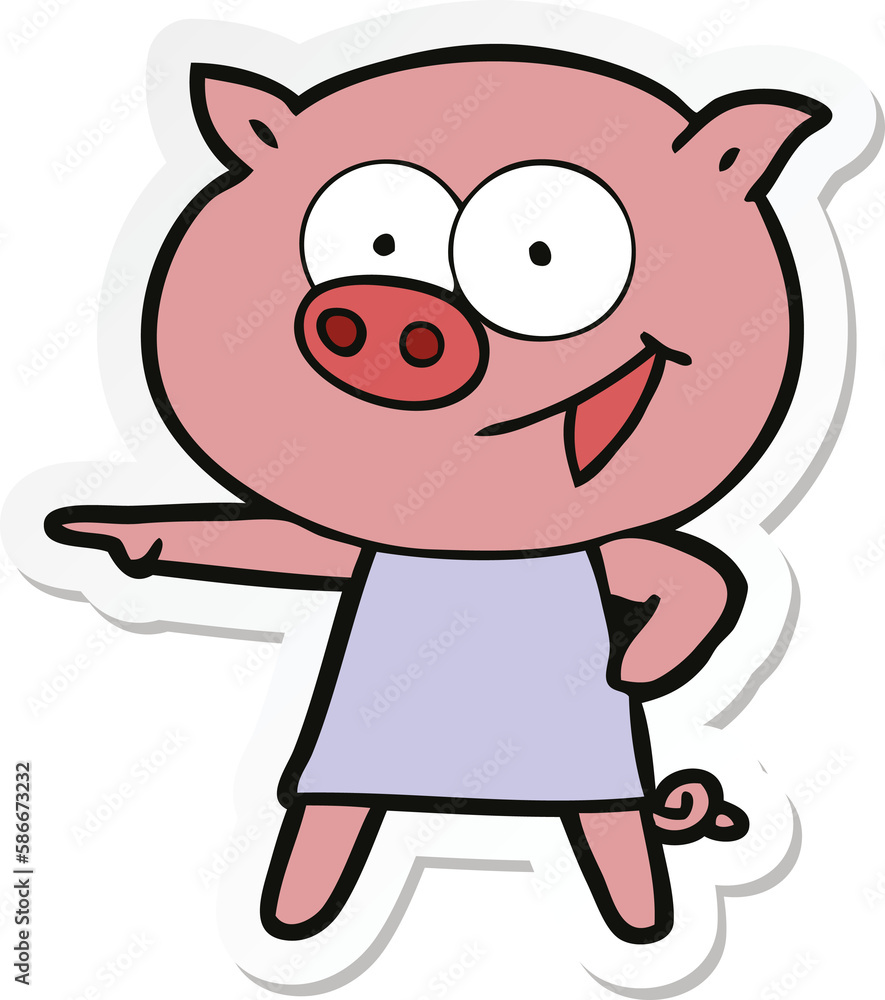 sticker of a cheerful pig in dress pointing cartoon sticker of a cheerful pig in dress pointing cartoon