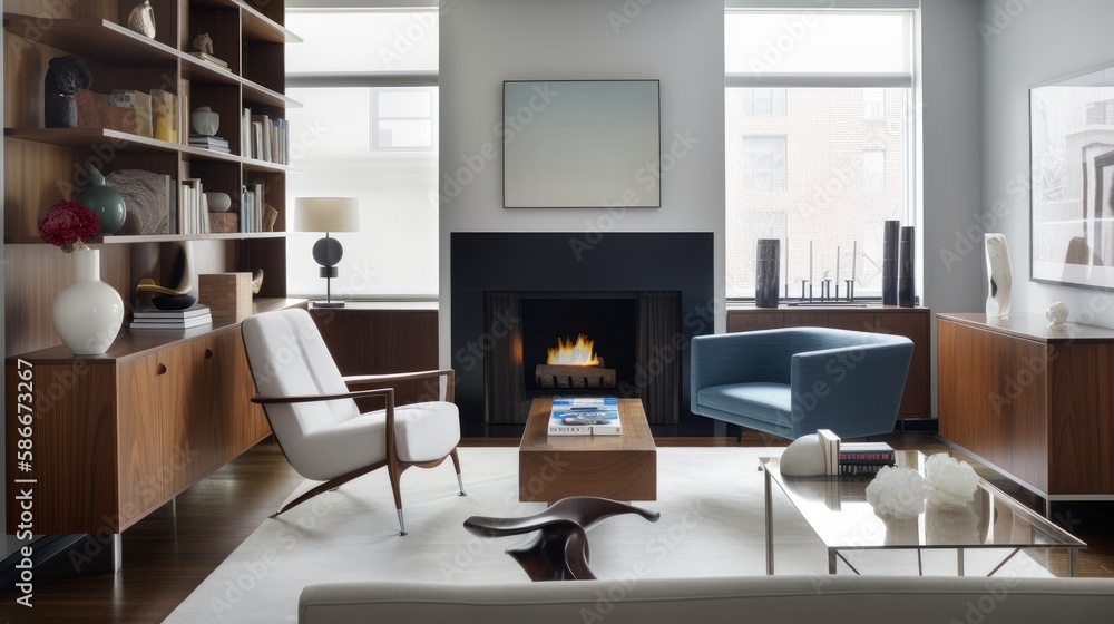 Modern luxury with this editorial-style photo of a cozy living room in New York City, featuring a fireplace, leather and wood furniture, and built-in shelves from West Elm. Created by AI. Modern luxury with this editorial-style photo of a cozy living room in New York City, featuring a fireplace, leather and wood furniture, and built-in shelves from West Elm. Created by AI.