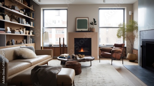 Modern luxury with this editorial-style photo of a cozy living room in New York City  featuring a fireplace  leather and wood furniture  and built-in shelves from West Elm. Created by AI.