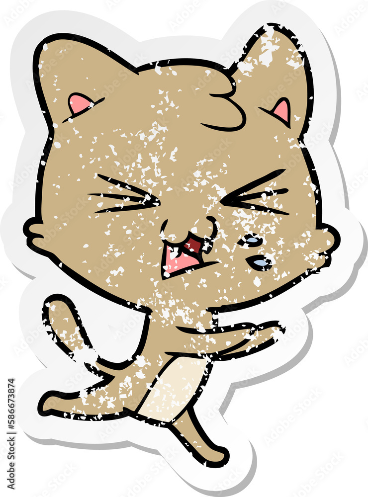 distressed sticker of a cartoon hissing cat distressed sticker of a cartoon hissing cat