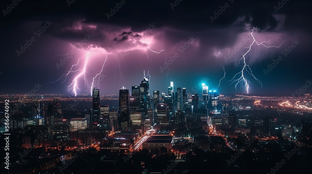 city skyline during a thunderstorm at night