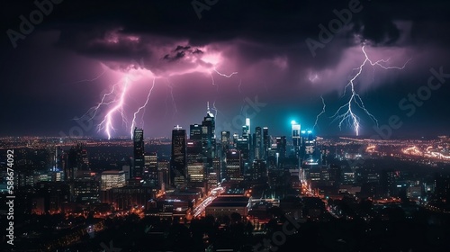 city skyline during a thunderstorm at night