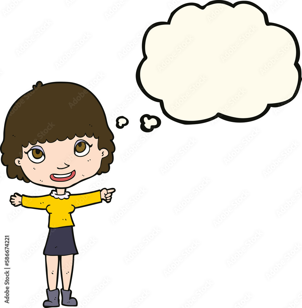 cartoon happy woman pointing with thought bubble cartoon happy woman pointing with thought bubble