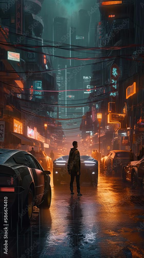 Cyberpunk Cityscape with Flying Cars and Stylish Cybernetic Girl Walking Away Created Using Generative AI