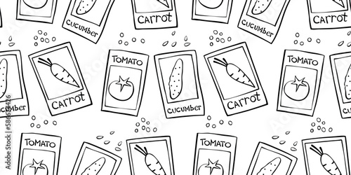 Seamless pattern of outline paper bags with seeds vegetables. Vector background and texture. Theme of gardening, farming, agriculture