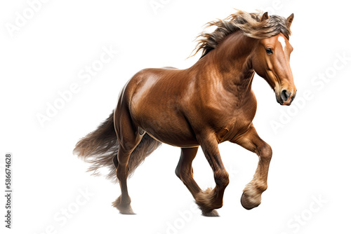 an isolated brown palomino horse running, jumping, side view portrait, equestrian-themed photorealistic illustration on a transparent background cutout in PNG, Generative AI