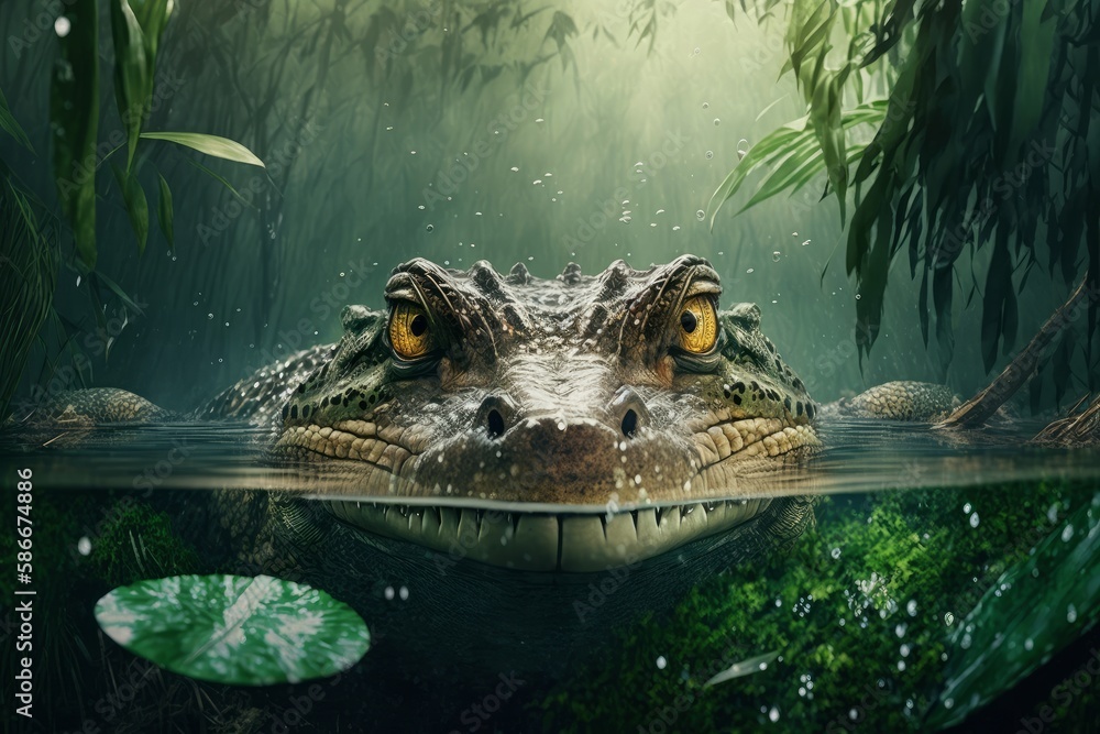 Fototapeta premium Crocodile swimming in the pond. 3Generative AI