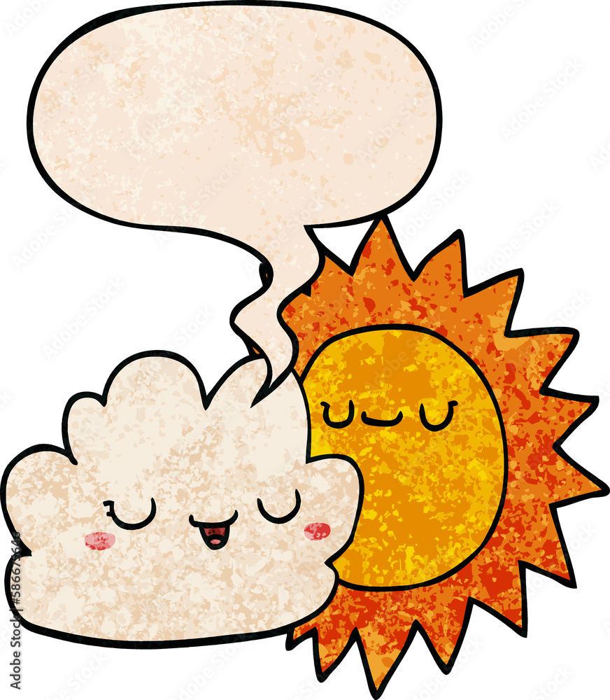 cartoon sun and cloud and speech bubble in retro texture style cartoon sun and cloud and speech bubble in retro texture style