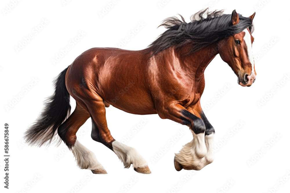 Obraz premium an isolated brown palomino horse running, jumping, side view portrait, equestrian-themed photorealistic illustration on a transparent background cutout in PNG, Generative AI