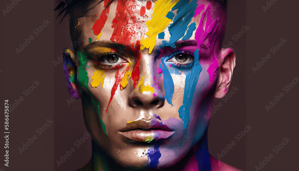 Portrait of young man painted with LGBTQ+ colors