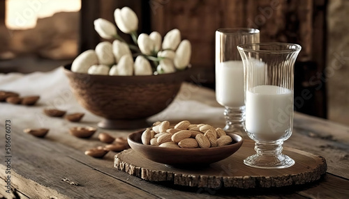 Delicious almond milk in glass cups on wooden table and almonds on a plate. International milk day.