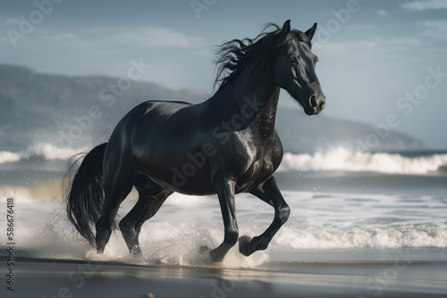 Black horse galloping over the beach at sunny day, running stallion landscape, generative ai