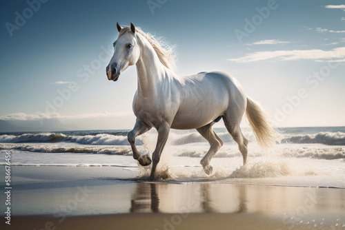 White horse galloping over the beach at sunny day, running stallion landscape, generative ai