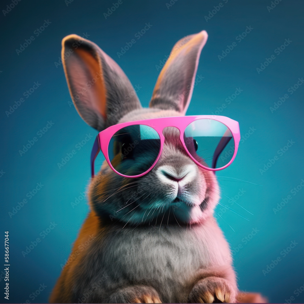 easter rabbit bunny with pink sunglasses, studio lighting, blue background