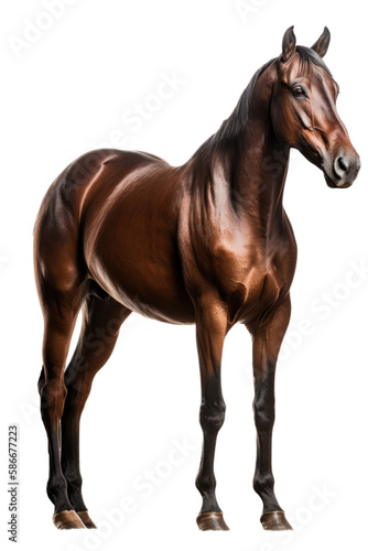 an isolated dark brown and black horse running, jumping, side view portrait, equestrian-themed photorealistic illustration on a transparent background cutout in PNG, Generative AI