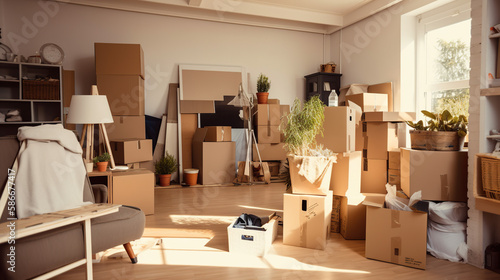 Home interior with moving boxes ready to be moved. Moving concept. New home.