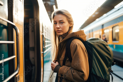 A girl with a backpack boarding the train. Created with Generative AI, no one recognisable. Not a real person.