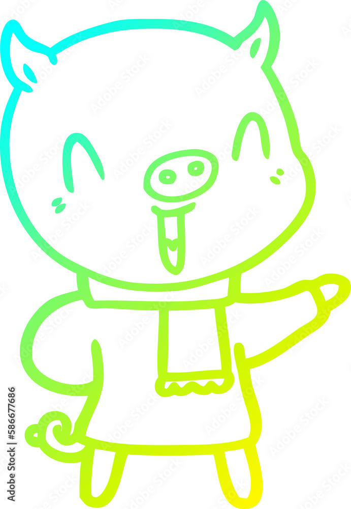 cold gradient line drawing happy cartoon pig in winter clothes cold gradient line drawing happy cartoon pig in winter clothes