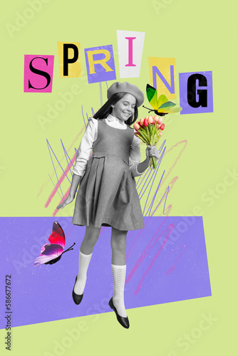 Vertical photo illustration collage of teenager girl hold fresh tulips bunch composition wear french style clothes green colors background