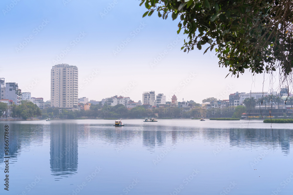 West lake and Truc Bach lake in foggy morning, Hanoi city, Vietnam. Travel and landscape concept.