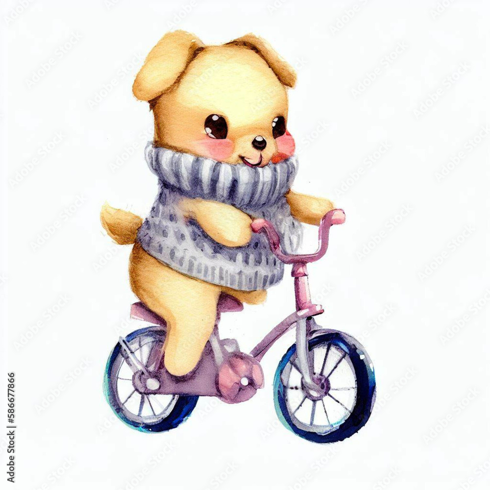 watercolor sketch illustration of adorable knitted baby dog ​​on a bicycle, art for children's book, digital art, concept, Generative AI