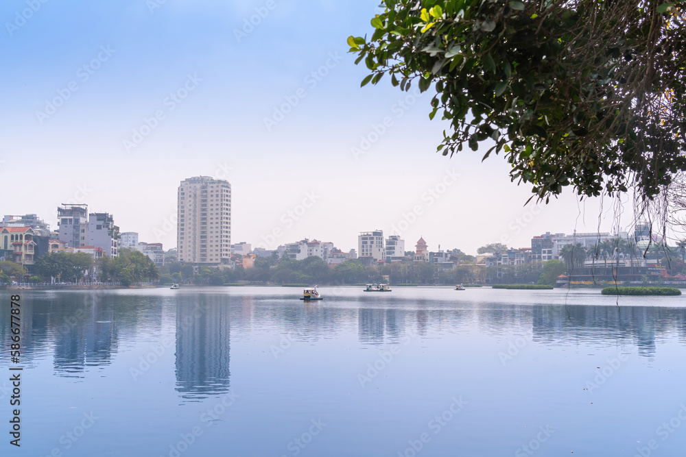 West lake and Truc Bach lake in foggy morning, Hanoi city, Vietnam. Travel and landscape concept.