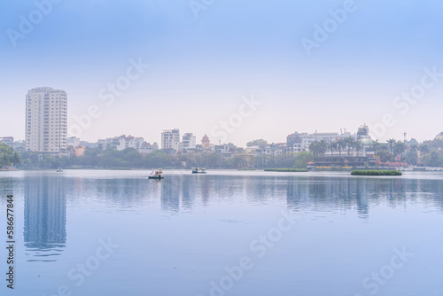 West lake and Truc Bach lake in foggy morning  Hanoi city  Vietnam. Travel and landscape concept.