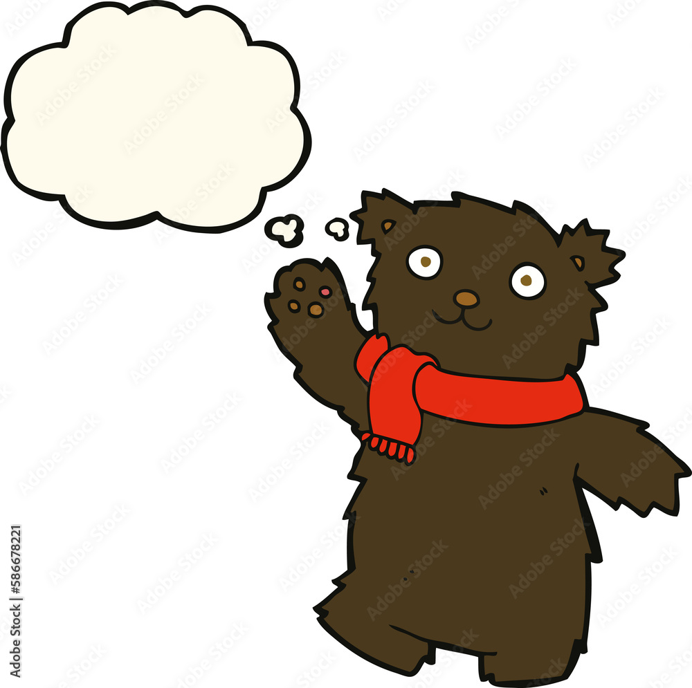 Obraz premium cartoon teddy bear wearing scarf with thought bubble