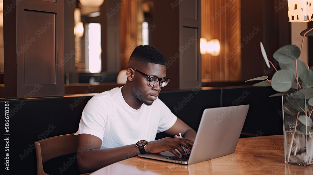 African American Man Working on Laptop in a Stylish Hotel Lobby Created Using Generative Ai African American Man Working on Laptop in a Stylish Hotel Lobby Created Using Generative Ai
