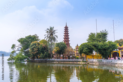 view of Tran Quoc pagoda in the morning, the oldest temple in Hanoi, Vietnam. Travel and landscape concept.