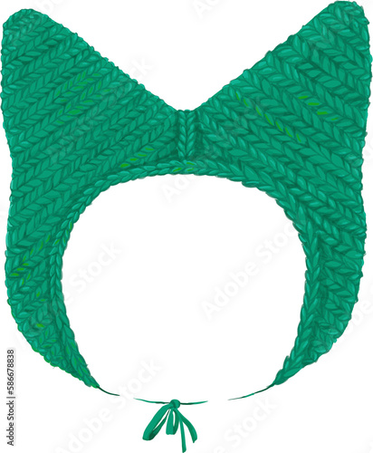 Cat green hat knitted with ears. Watercolor illustration