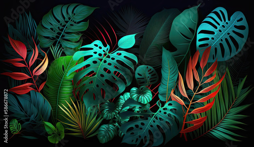 Neon Light and Dark Green Leaves Create a Striking Plant Background Created Using Generative Ai