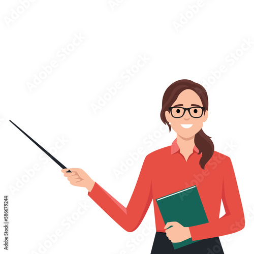 Female young teacher in casual clothes at blackboard with copy space showing something using pointer stick
