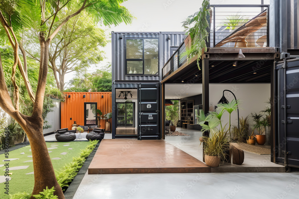 ภาพประกอบสต็อก House made of containers, plants and grass around ...