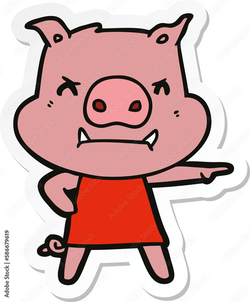 sticker of a angry cartoon pig in dress pointing sticker of a angry cartoon pig in dress pointing