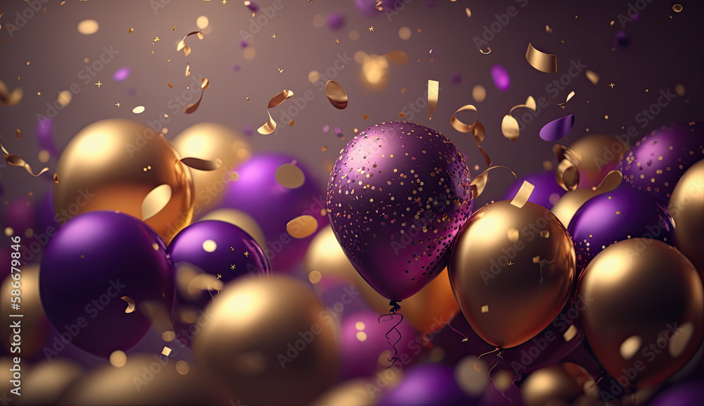 Realistic Background with Golden and Purple Balloons, Falling Confetti, and Bokeh Lights to Set the Mood Created Using Generative Ai Realistic Background with Golden and Purple Balloons, Falling Confetti, and Bokeh Lights to Set the Mood Created Using Generative Ai